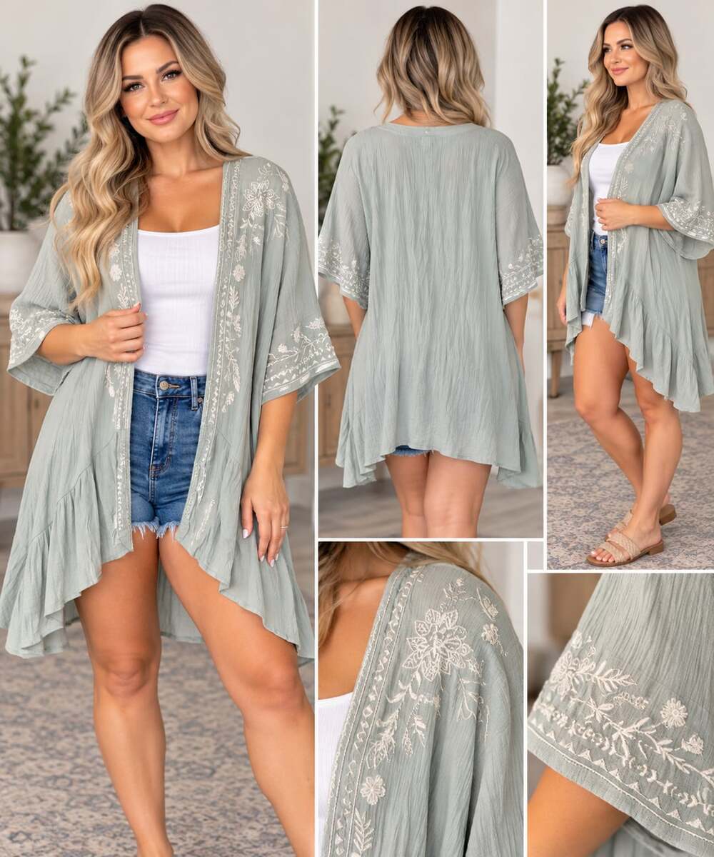 Love, Fire Embroidered Kimono Cardigan Sage Green Women’s Size XS